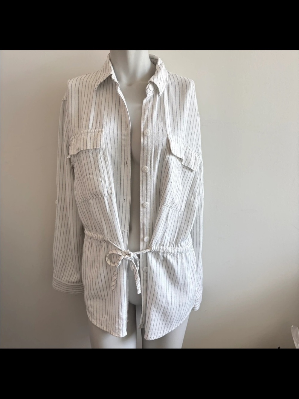 Striped White Drawstring Utility Shirt Jacket